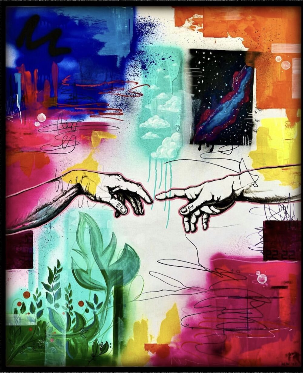 Arbeit mit Hand-Motiv in Grün und Violett